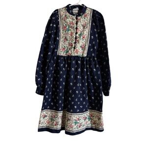 Vintage 70s Cinderella Floral Roses Navy Blue Dress Cottagecore Boho Girls 12